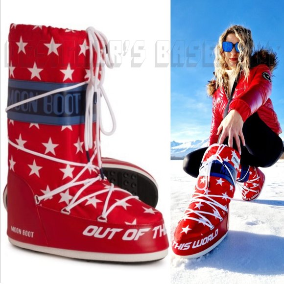 MOON BOOT Icon Retrobiker 7-8.5 red blue Logo White Stars Snow Boots + Logo Pack